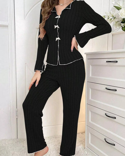 Ribbed Bow Front Top and Pants Lounge Set
