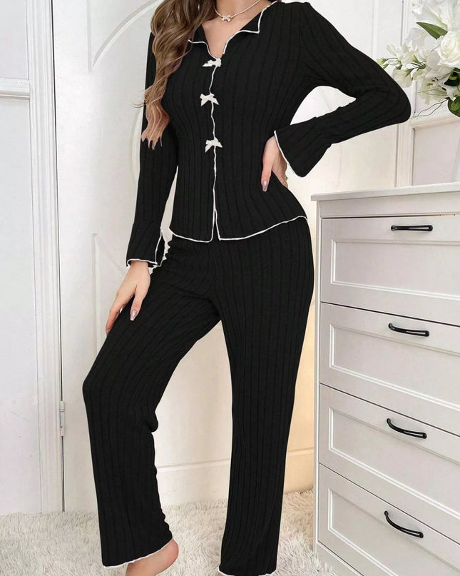 Ribbed Bow Front Top and Pants Lounge Set
