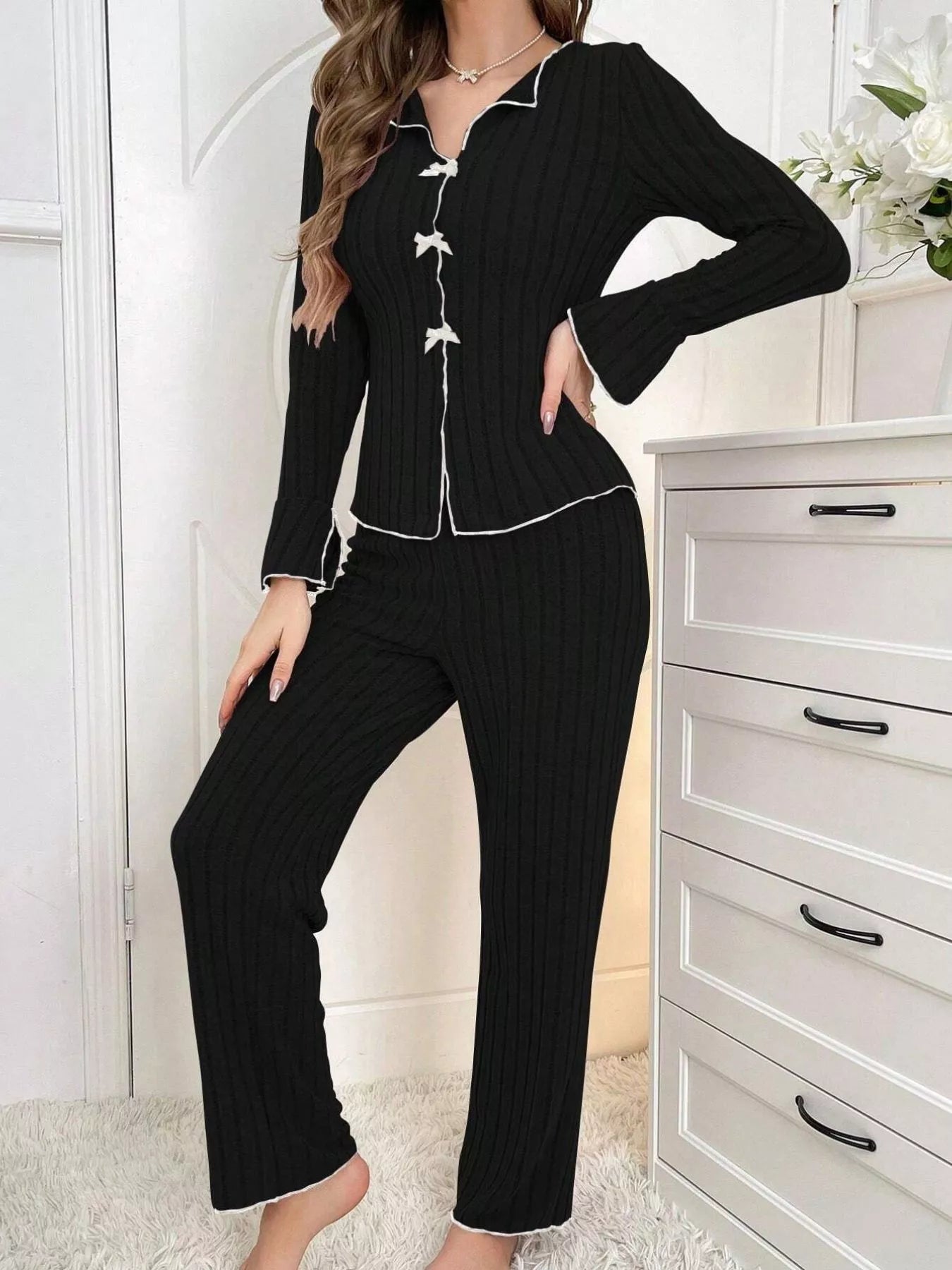 Ribbed Bow Front Top and Pants Lounge Set