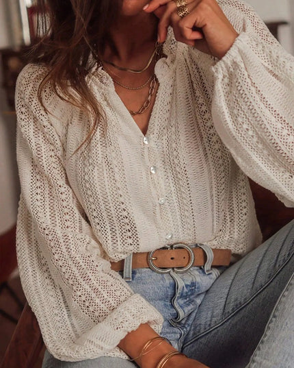 Crochet Notched Button-Front Shirt Apricot