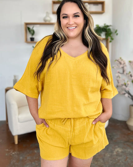 Double Take Texture Half Sleeve T-Shirt and Drawstring Shorts Set