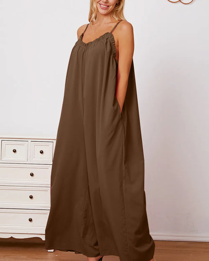 Double Take Full Size Ruffle Trim Tie Back Cami Jumpsuit with Pockets