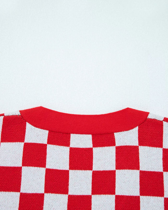 Christmas Tree Pattern Checkered Button V Neck Cardigan