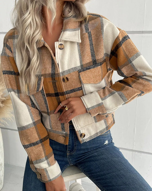 Plaid Button-Down Crop Jacket