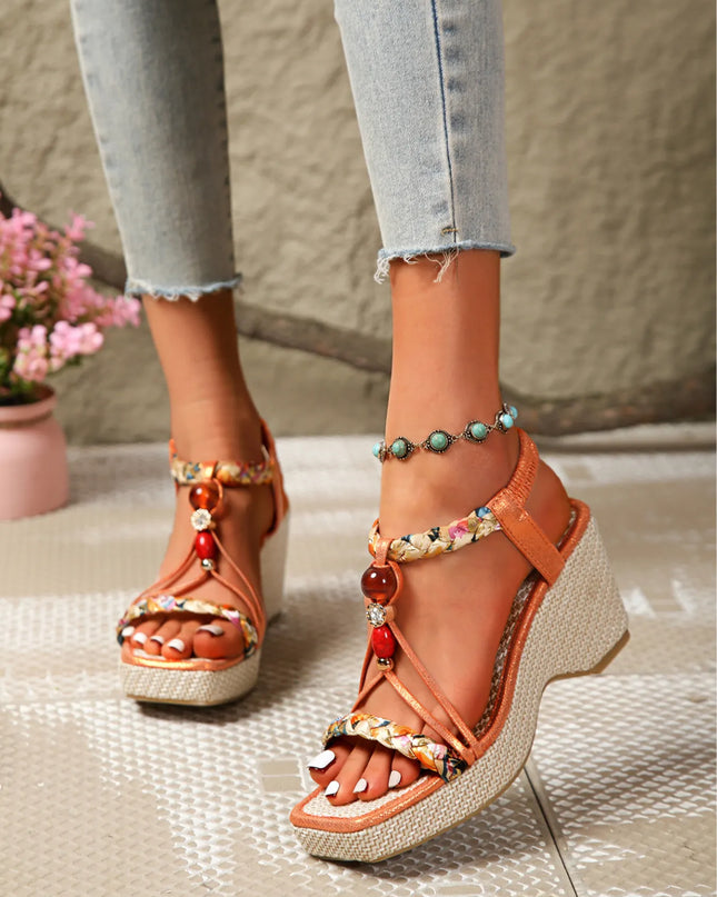Bohemian Floral Beaded Wedge Sandals 