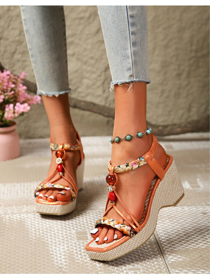 Bohemian Floral Beaded Wedge Sandals 
