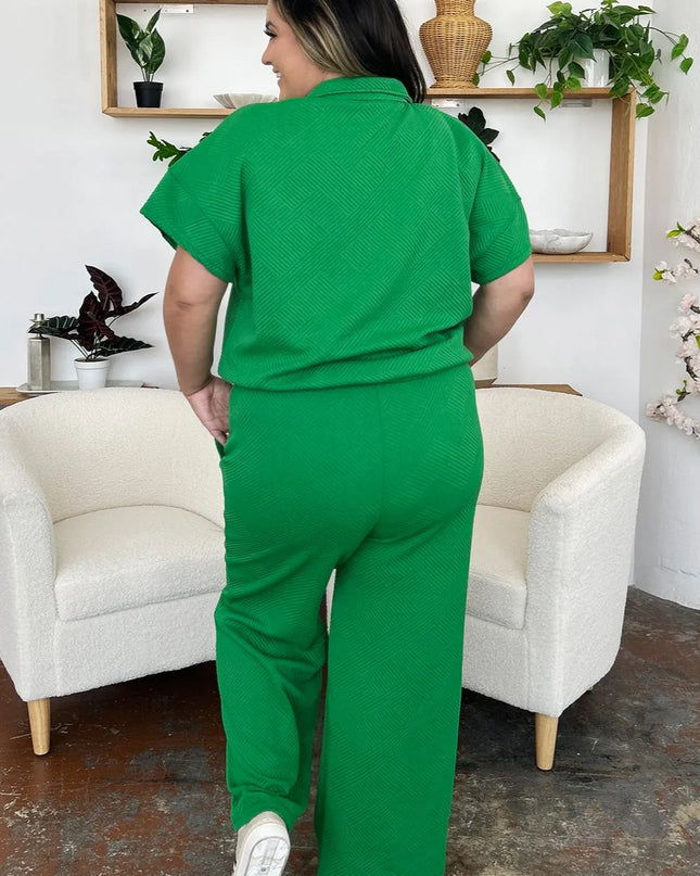 Double Take Full Size Texture Half Zip Short Sleeve Top and Pants Set