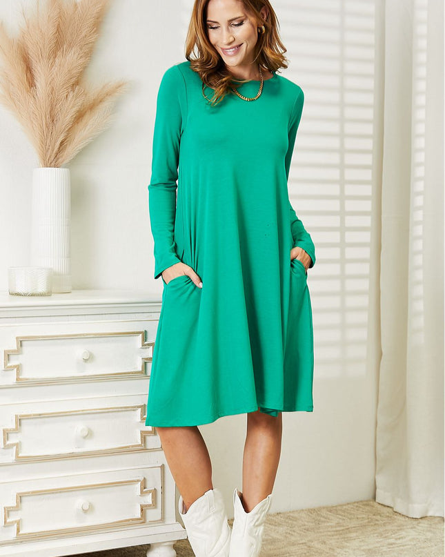 Zenana Full Size Long Sleeve Flare Dress with Pockets