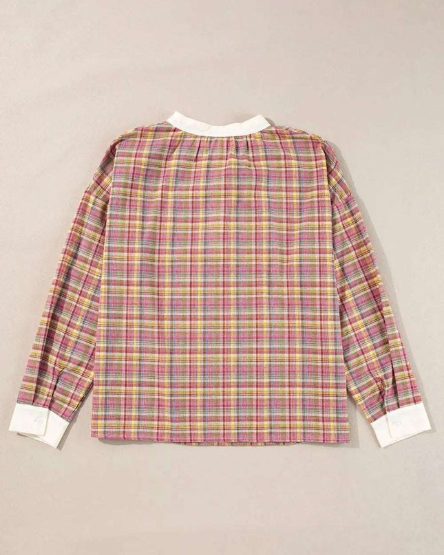 Mulit-Color Plaid Round Neck Long Sleeve Blouse