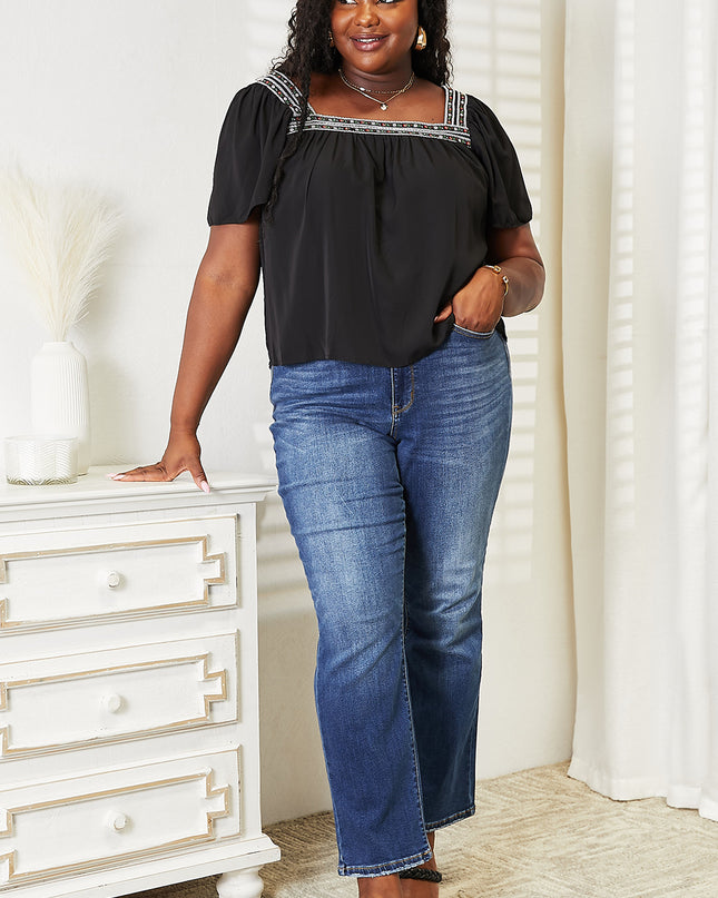 Honey Contrast Square Neck Puff Sleeve Blouse