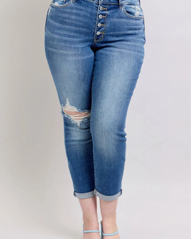 Judy Blue Full Size Button Fly Distressed Jeans with Pockets Plus Size Medium