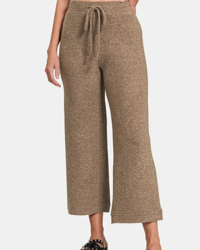 Zenana Drawstring Hacci Cropped Pants Mocha