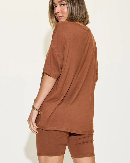 Basic Bae Full Size V-Neck Drop Shoulder T-Shirt and Shorts Set 
