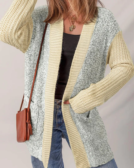 Color Block Side Pockets Open Front Cardigan Pastel Yellow
