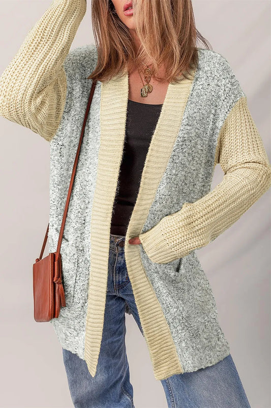 Color Block Side Pockets Open Front Cardigan Pastel Yellow