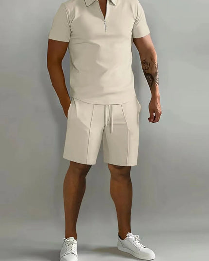 Men's Full Size Collared Neck Short Sleeve Top and Shorts Set Plus Size Tan