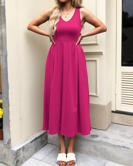 V-Neck Midi Tank Dress Rose Red