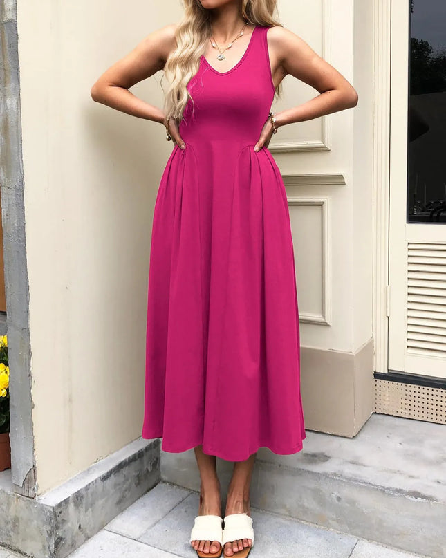 V-Neck Midi Tank Dress Rose Red