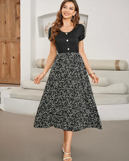 Printed Round Neck Short Sleeve Midi Dress Black