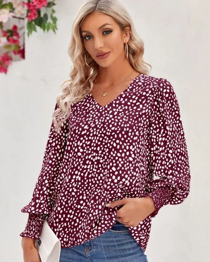 Printed V-Neck Lantern Sleeve Blouse
