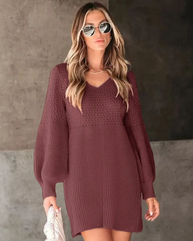 Perfee V-Neck Long Sleeve Sweater Dress Burgundy
