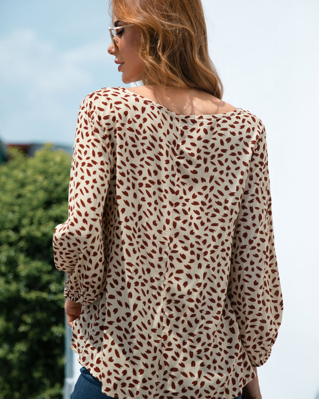 Printed V-Neck Balloon Sleeve Blouse