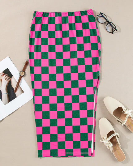Split Checkered Midi Skirt