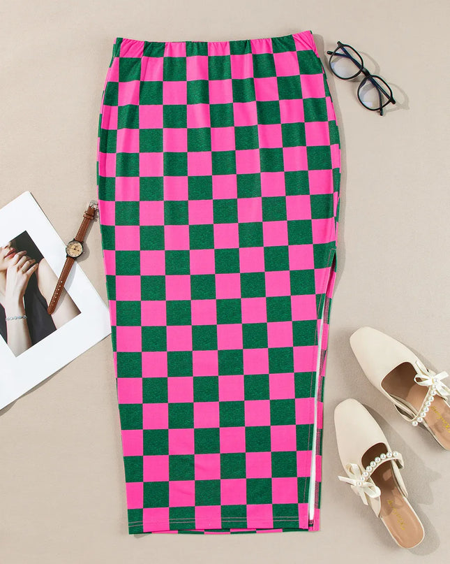 Split Checkered Midi Skirt