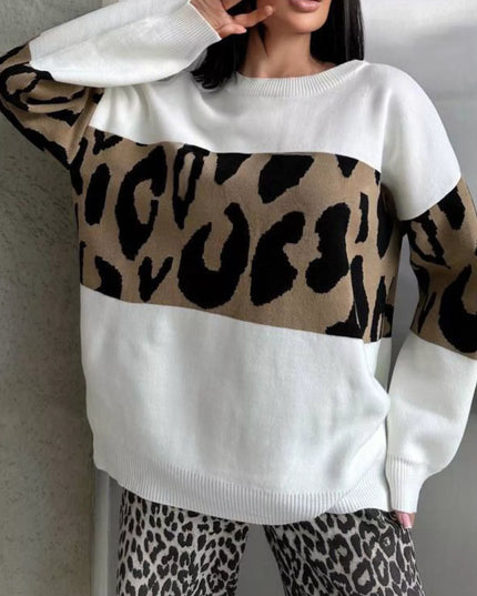 Leopard Color Block Round Neck Sweater