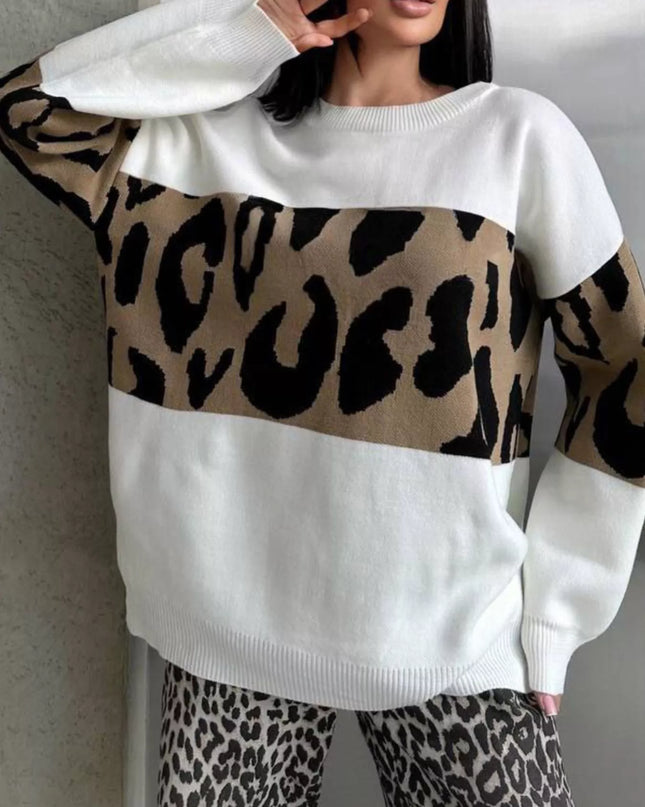 Leopard Color Block Round Neck Sweater