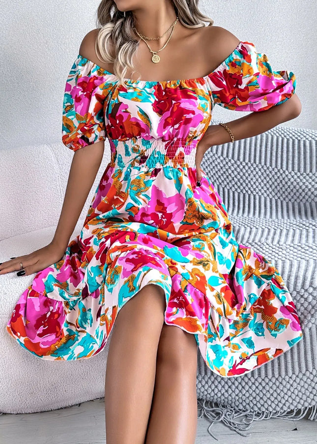 Ruffled Hem Smocked Floral Short Sleeve Midi Dress 
