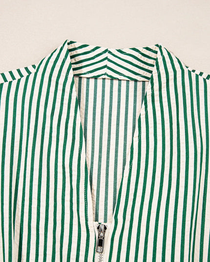 Stripe V Neck Zip Front Cinched High Waist Midi Dress