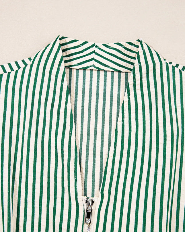 Stripe V Neck Zip Front Cinched High Waist Midi Dress