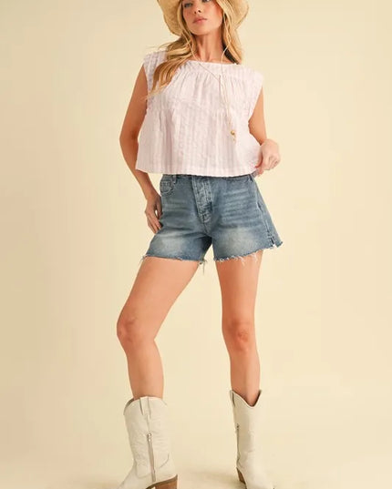 Aemi+Co Ruched Striped Round Neck Sleeveless Top