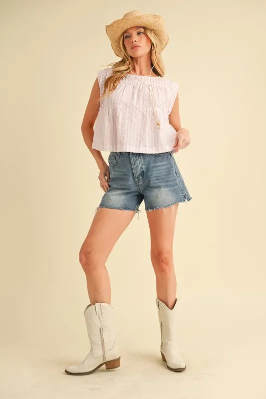 Aemi+Co Ruched Striped Round Neck Sleeveless Top