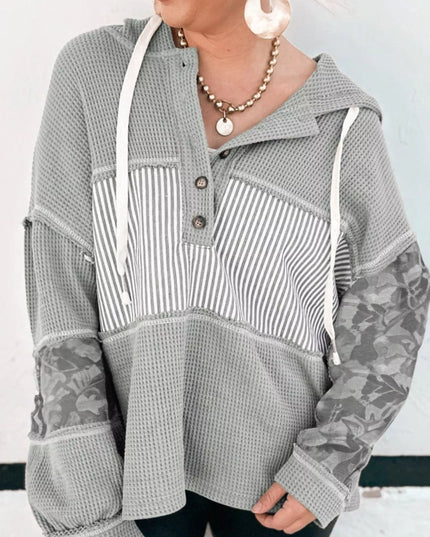 Waffle Knit Striped Drawstring Hoodie