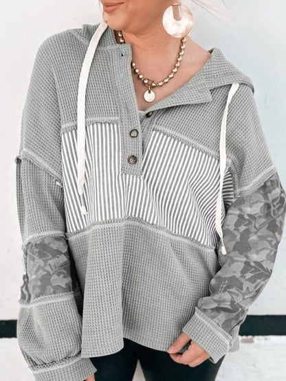 Waffle Knit Striped Drawstring Hoodie