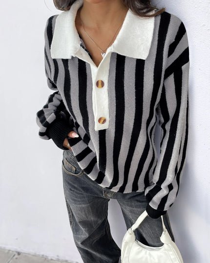 Striped Button Front Long Sleeve Sweater
