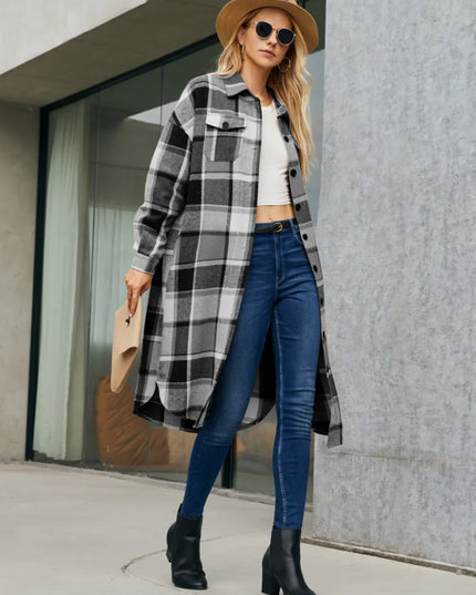 Plaid Pocketed Button Up Trench Coat 