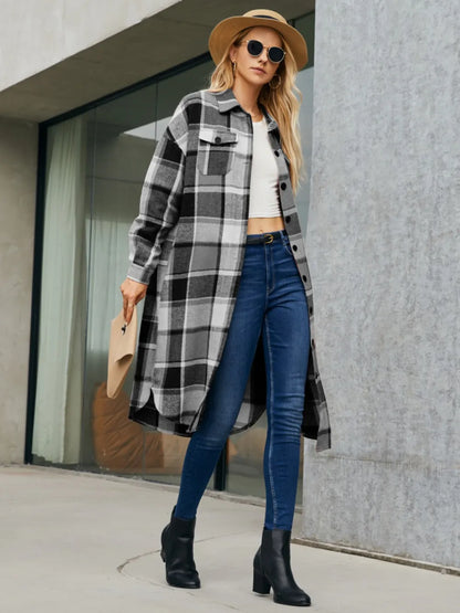 Plaid Pocketed Button Up Trench Coat 