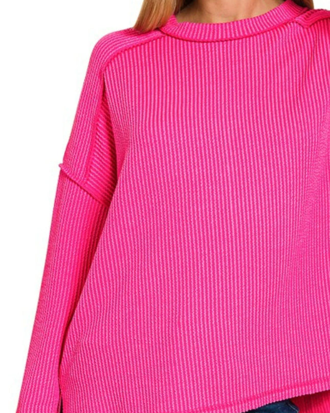 Zenana Exposed Seam Long Sleeve Corded Rib Knit Top