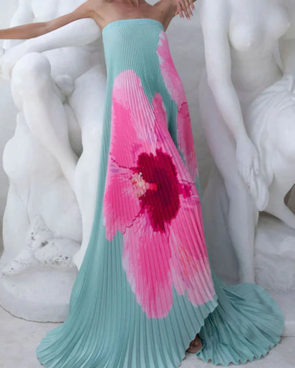 Pleated Printed Tube Floor Length Dress