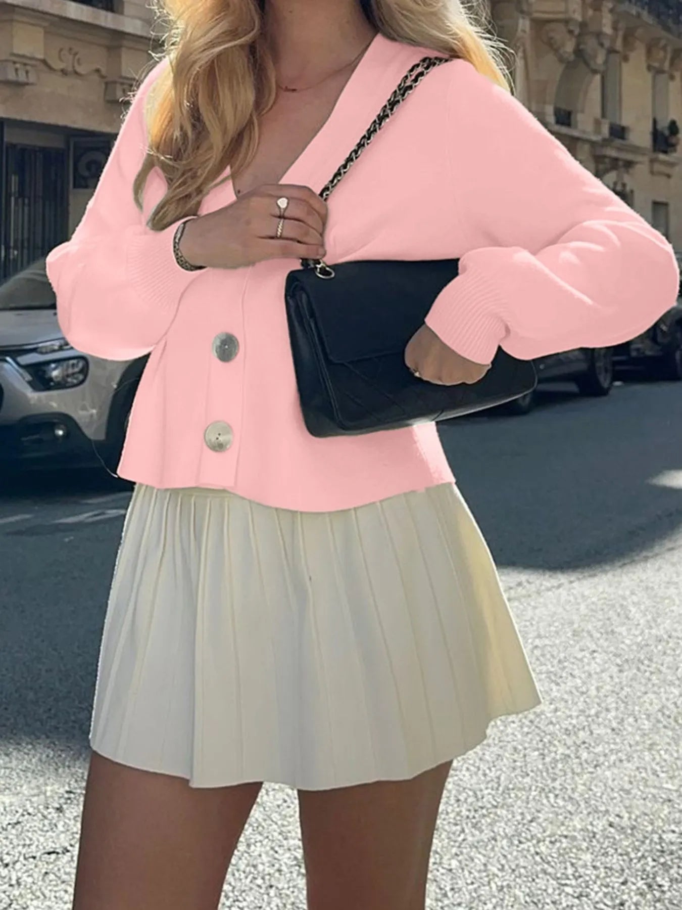 Button-Up V-Neck Knit Cardigan