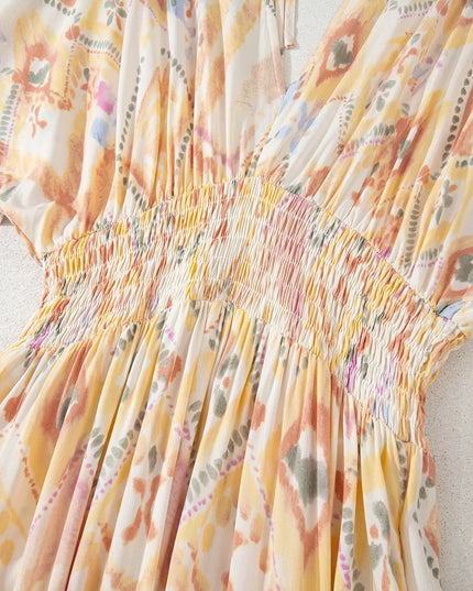 Printed Half Sleeve Shirred High Waist Maxi Dress