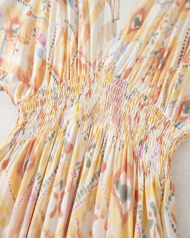 Printed Half Sleeve Shirred High Waist Maxi Dress