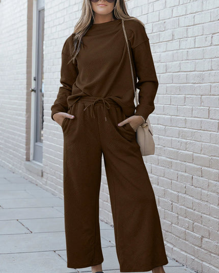 Double Take Full Size Textured Long Sleeve Top and Drawstring Pants Set Brown