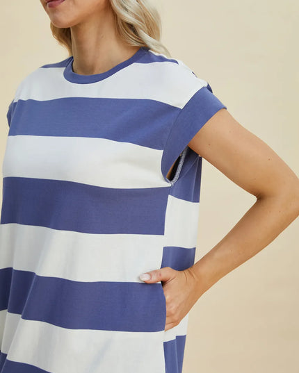 Basic Bae Full Size Striped Round Neck Cap Sleeve Mini Dress