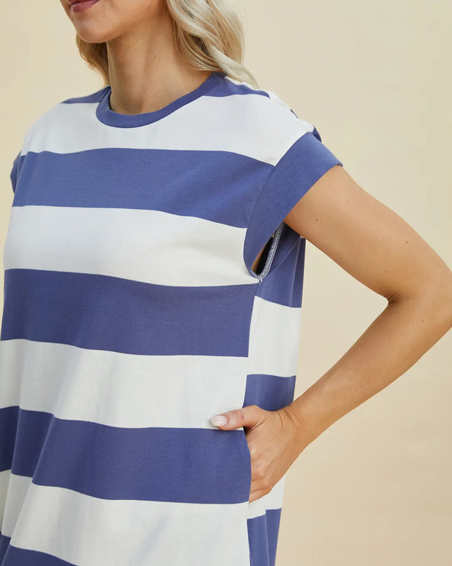 Basic Bae Full Size Striped Round Neck Cap Sleeve Mini Dress