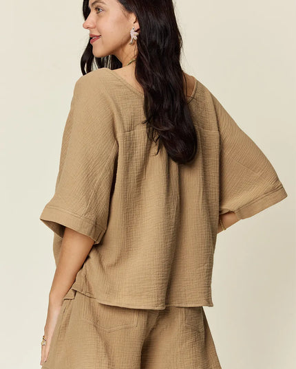 Double Take Texture Half Sleeve T-Shirt and Drawstring Shorts Set Khaki