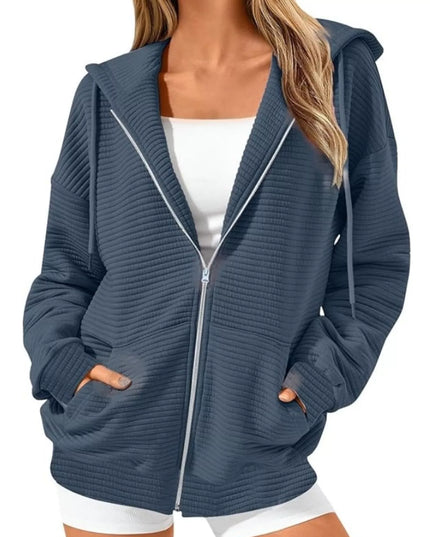 Drawstring Zip Up Dropped Shoulder Hoodie Sea Blue